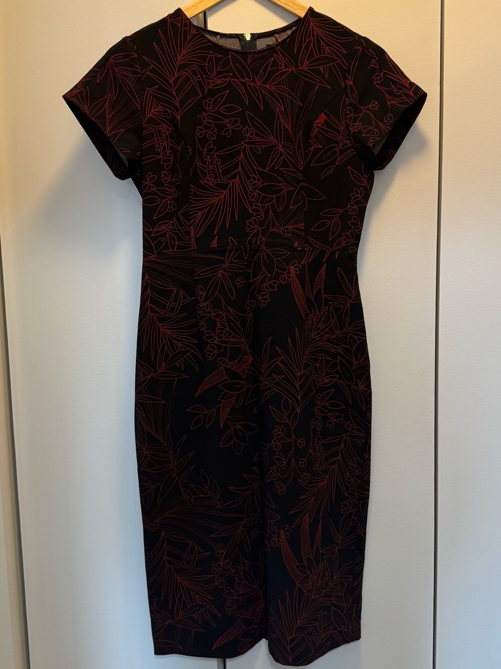 Babaton Navy Blue Midi Dress with Red Botanical Linework